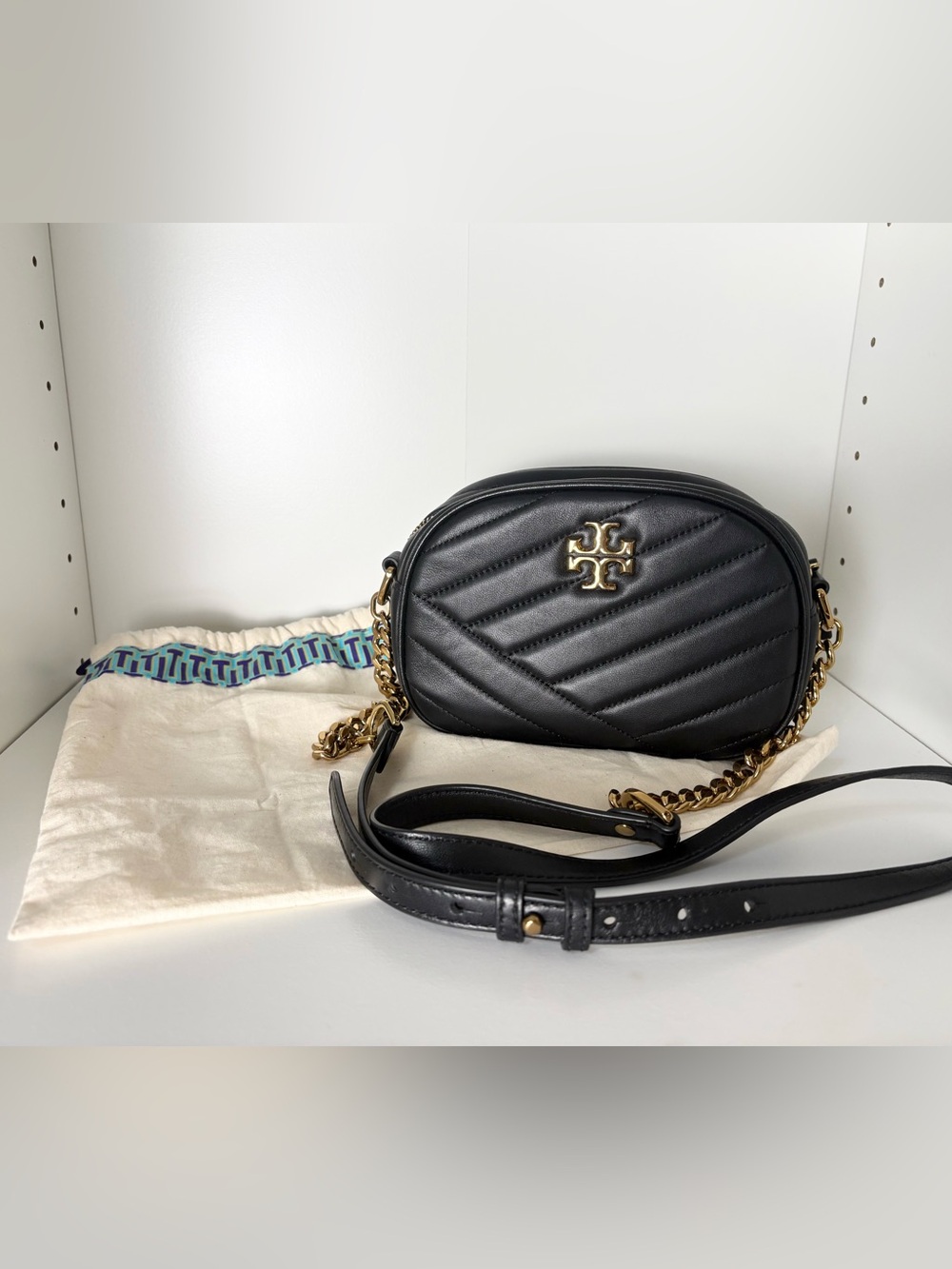 Tory Burch Black Quilted Leather Crossbody with Gold Logo Chain